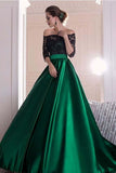 A Line Dark Green Satin Off the Shoulder 3/4 Sleeves Ruffles Lace Prom Dresses JS399
