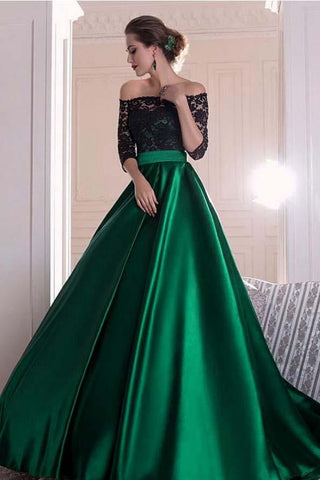 A Line Dark Green Satin Off the Shoulder 3/4 Sleeves Ruffles Lace Prom Dresses JS399
