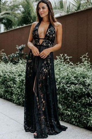 A Line Deep V Neck Black Lace Sleeveless High Slit Formal Dress Long Prom Dresses JS430