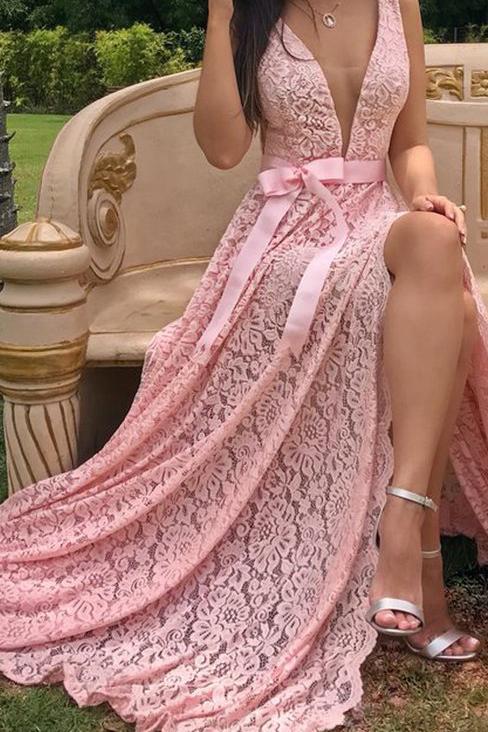 A Line Deep V Neck Pink Lace Sleeveless Prom Dresses Long Party Dance Dresses P1113