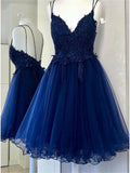 A Line Dual-Strapped Royal Blue V Neck Short Prom Dress with Beads Appliques JS858