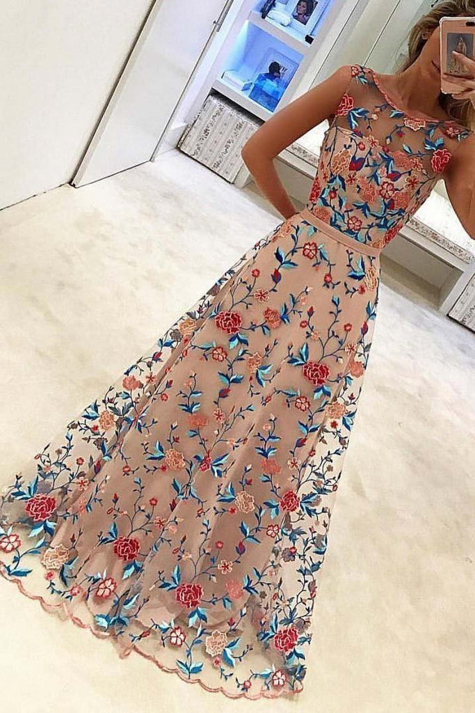 A Line Floral Scoop Sleeveless Prom Dresses with Embroidery Long Formal Dresses UK JS466