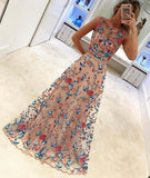 A Line Floral Scoop Sleeveless Prom Dresses with Embroidery Long Formal Dresses UK JS466