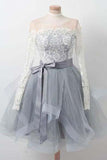 A Line Gray Long Sleeve Scoop Lace Appliques Homecoming Dresses with Belt Prom Dress H1055