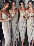 A Line Gray Spaghetti Straps V Neck Middle Slit Prom Dresses Bridesmaid Dresses JS912