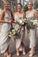 A Line Gray Spaghetti Straps V Neck Middle Slit Prom Dresses Bridesmaid Dresses JS912