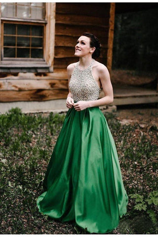 A Line Halter Emerald Green Beaded Prom Dresses Backless Satin Long Prom Dresses JS825