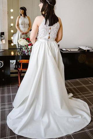 A Line Halter Ivory Satin Sleeveless Wedding Dresses Long Lace Prom Dresses JS431