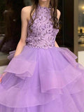 A Line High Neck Ruffles Lavender Ball Gown Prom Dresses with Appliques JS679