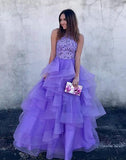 A Line High Neck Ruffles Lavender Ball Gown Prom Dresses with Appliques JS679