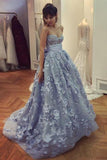 A Line Lace Appliques Sweetheart Prom Dresses Long Blue Quinceanera Dresses JS617