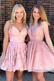 A Line Lace Appliques V Neck Above Knee Homecoming Dresses Short Prom Dresses H1205