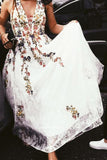 A Line Lace Floral Printed V Neck Appliques White Prom Dresses JS575