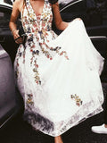 A Line Lace Floral Printed V Neck Appliques White Prom Dresses JS575