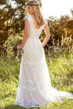 A Line Lace Straps Wedding Dresses Ivory Backless Long Bridal Dresses JS817