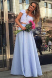 A Line Lace Two Piece Blue Satin Cap Sleeve Prom Dresses with Appliques JS640