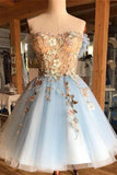 A Line Light Blue Off the Shoulder Above Knee Homecoming Prom Dress with Appliques JS939
