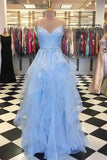 A Line Light Blue Spaghetti Straps Prom Dresses Sweetheart Long Evening Dresses JS606