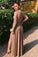 A Line Long Sleeve High Neck Brown Prom Dresses High Slit Floor Length Party Dresses JS932