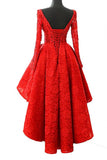 A Line Long Sleeve Red High Low Scoop Lace Homecoming Dresses with Lace Appliques JS835