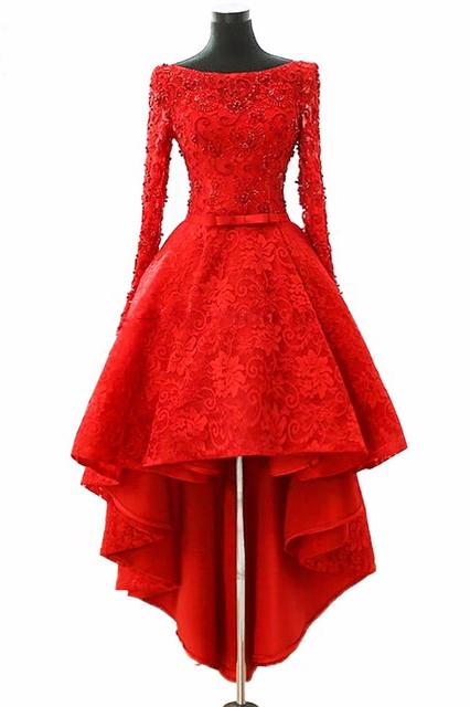 A Line Long Sleeve Red High Low Scoop Lace Homecoming Dresses with Lace Appliques JS835