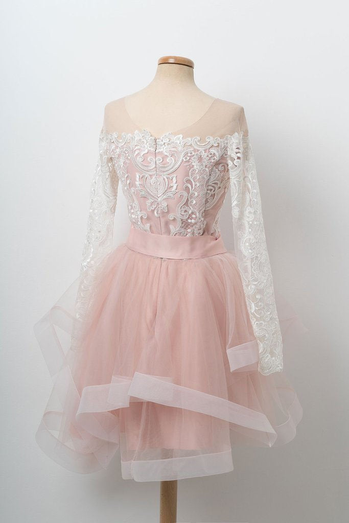 A Line Long Sleeve Scoop Pink Lace Appliques Homecoming Dresses With Tulle Belt H1048