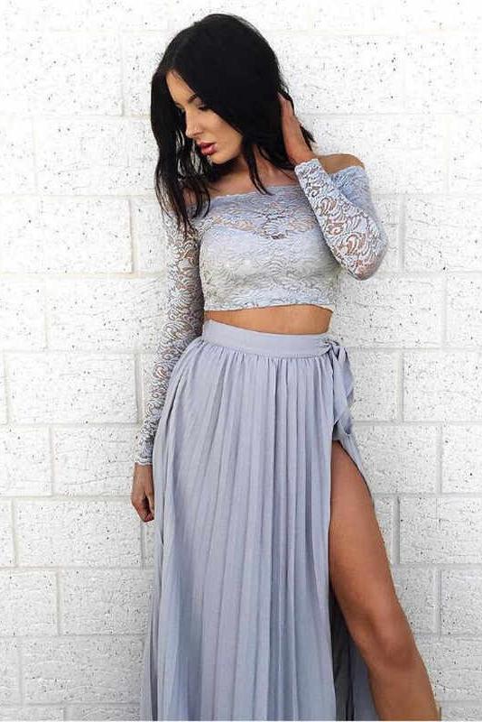 A Line Long Sleeve Two Pieces Off the Shoulder Prom Dresses with Lace Evening Dresses JS848