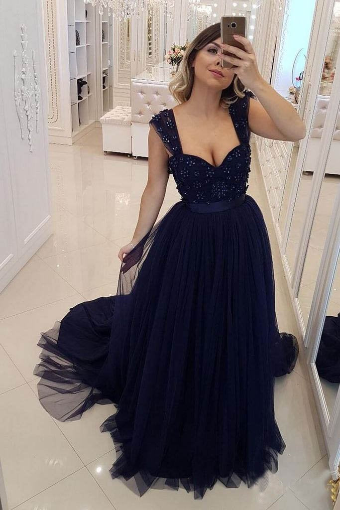 A Line Navy Blue Beaded Military Prom Dresses Tulle Straps Sweetheart Party Dresses JS744