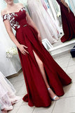 A Line Off the Shoulder Burgundy Satin Split Sweetheart Long Prom Dresses with Lace JS722