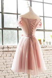 A Line Off the Shoulder Pink Lace Appliques Homecoming Dresses with Tulle Short Dress H1001