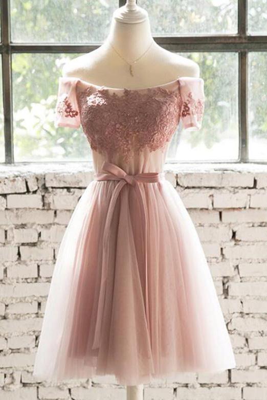 A Line Off the Shoulder Pink Lace Appliques Homecoming Dresses with Tulle Short Dress H1001