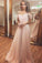 A Line Off the Shoulder Spaghetti Straps Pearl Pink Tulle Sweetheart Long Prom Dresses JS408