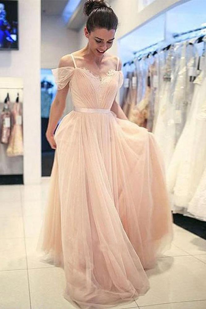 A Line Off the Shoulder Spaghetti Straps Peal Pink Tulle Sweetheart Long Prom Dresses uk PW408