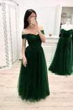 A Line Off the Shoulder Sweetheart Prom Dresses Long Tulle Green Formal Dresses JS898