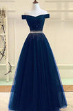A Line Off the Shoulder Tulle Beads Prom Dresses Long Cheap Evening Dress