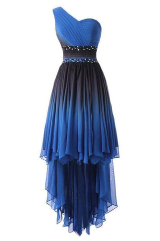 A Line One Shoulder Ombre Chiffon Blue Ruffles Prom Dresses Homecoming Dresses JS875