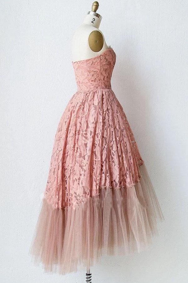 A Line Pink Lace Strapless Sleeveless Short Prom Dresses Tulle Homecoming Dresses P1076