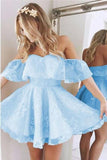A Line Pink Off the Shoulder Sweetheart Tulle Above Knee Homecoming Dresses with Flowers H1076