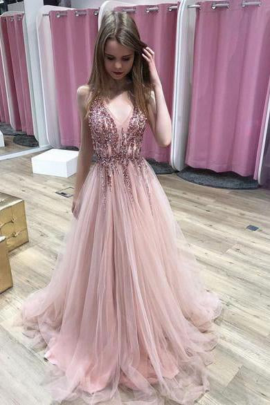 A Line Pink V Neck Tulle Sequin Beads Long Prom Dress Cheap Graduation Dresses JS850