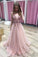 A Line Pink V Neck Tulle Sequin Beads Long Prom Dress Cheap Graduation Dresses JS850
