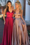 Simple Dark Navy Deep V-neck Split Long Prom Evening Gowns with Train Prom Dresses JS750