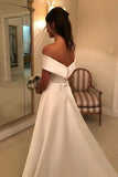 A Line Satin Off the Shoulder Ivory Wedding Dresses Short Sleeves Wedding Gowns JS493