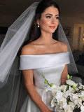 A Line Satin Off the Shoulder Ivory Wedding Dresses Short Sleeves Wedding Gowns JS493