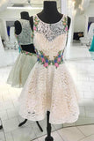 A Line Scoop Lace Sleeveless Open Back Homecoming Dresses Flowers Short Prom Dresses H1080