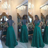 A Line Short Sleeve Green Lace Appliques Beads Prom Dresses Floor Length Evening Dress JS931
