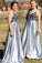 A Line Spaghetti Straps Backless Blue Prom Dress with Beading Long Party Dresses JS398