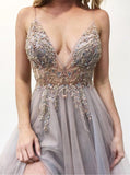 A Line Spaghetti Straps Deep V Neck Beads Tulle Prom Dresses with High Split Party Dress JS979
