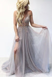 A Line Spaghetti Straps Deep V Neck Beads Tulle Prom Dresses with High Split Party Dress JS979