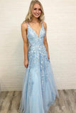 A Line Spaghetti Straps Blue Prom Dresses V Neck Lace Appliques Evening Dresses