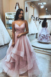 A Line Spaghetti Straps Pink V Neck Backless Prom Dresses Long Evening Dresses JS804